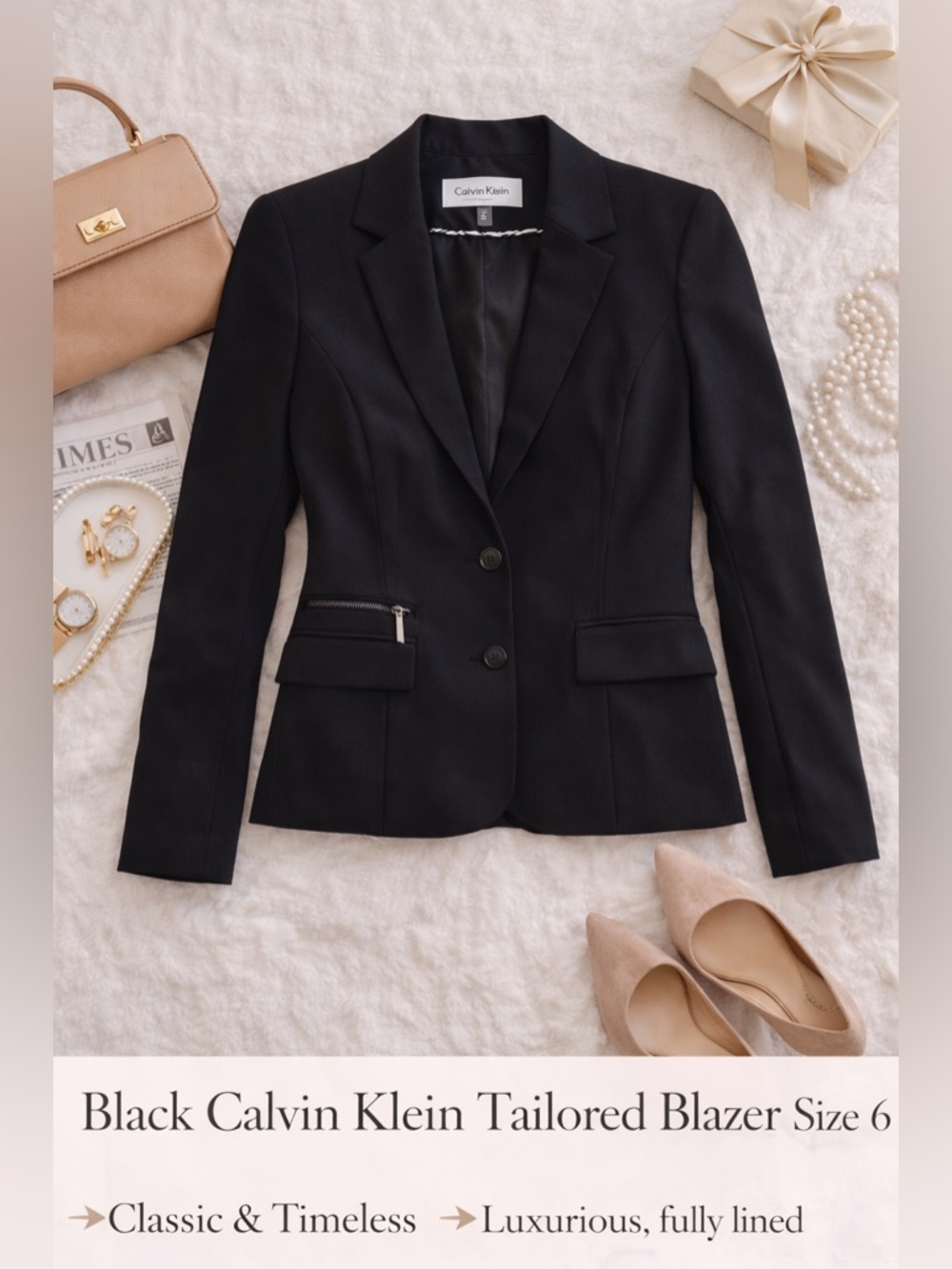 Calvin Klein Black Tailored Blazer Size 6 Career Chic Jacket